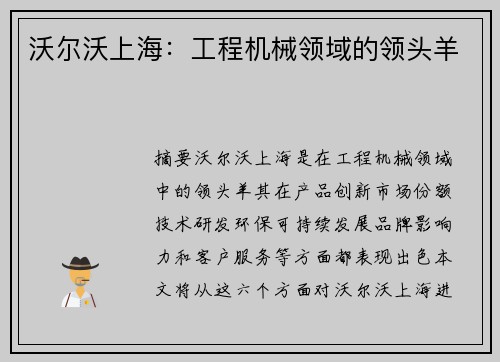 沃尔沃上海：工程机械领域的领头羊